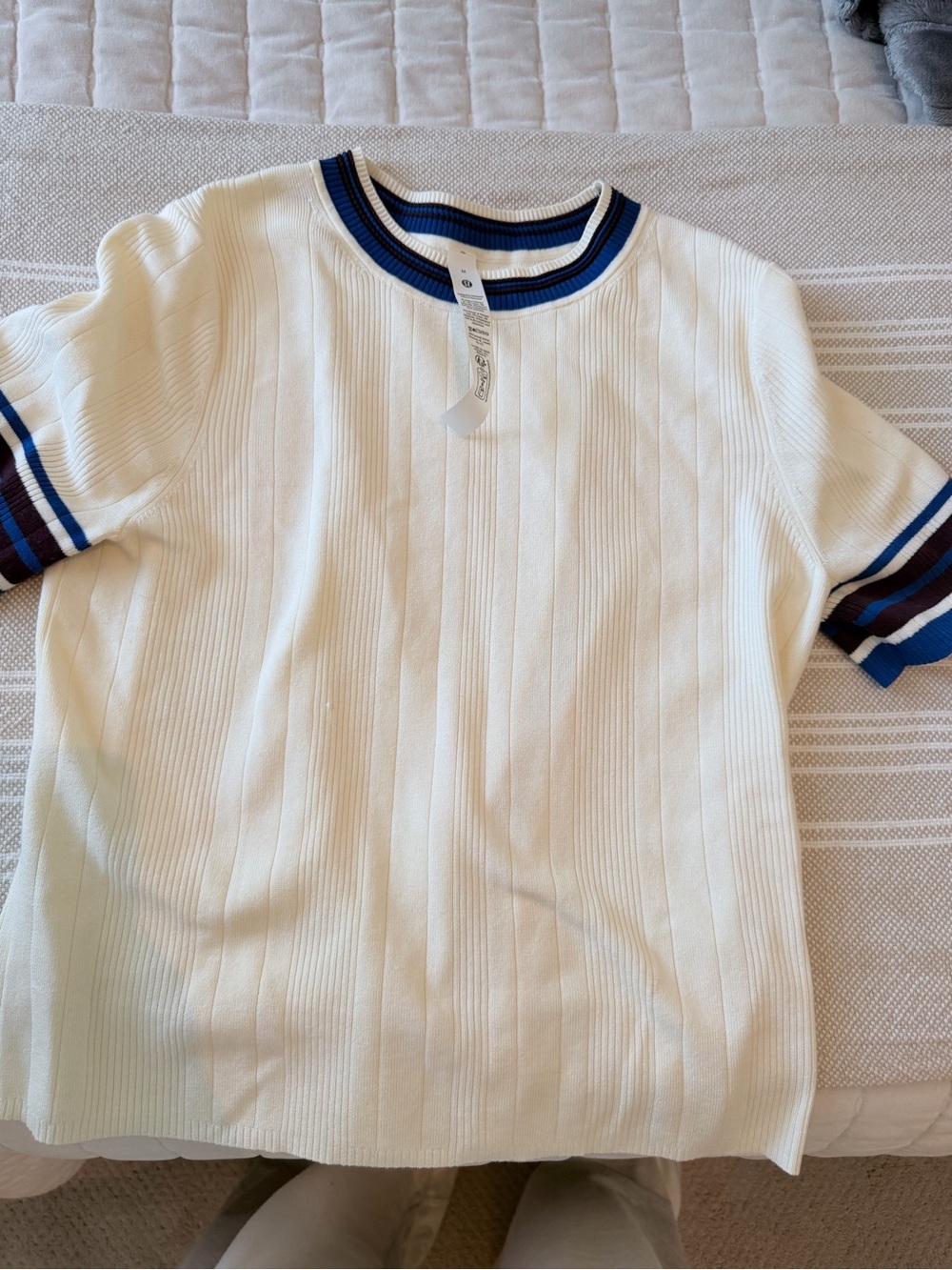 lululemon athletica Cream Ribbed Tee with Blue and Navy Trim